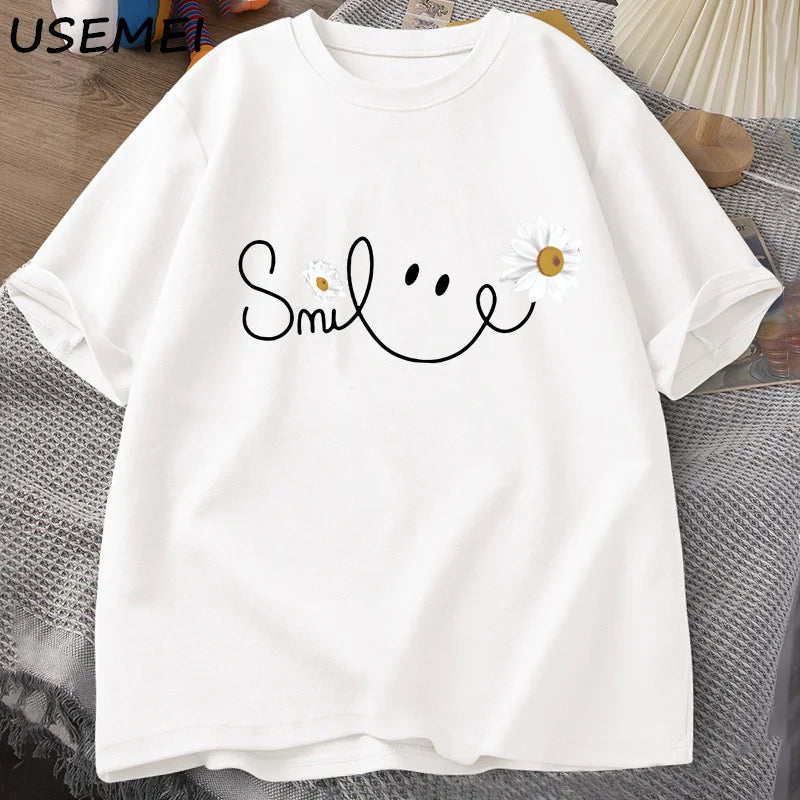 RELBO™| Smile Face T Shirt Summer Flower Printed T-shirt Women Men Cotton Short Sleeve Tshirt Oversized Fashion Man Clothes