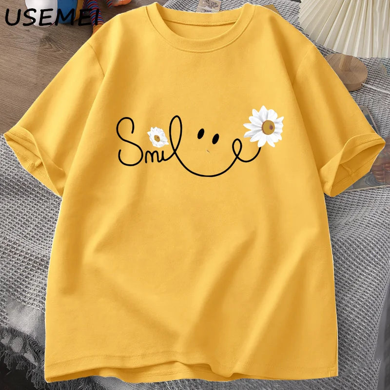 RELBO™| Smile Face T Shirt Summer Flower Printed T-shirt Women Men Cotton Short Sleeve Tshirt Oversized Fashion Man Clothes