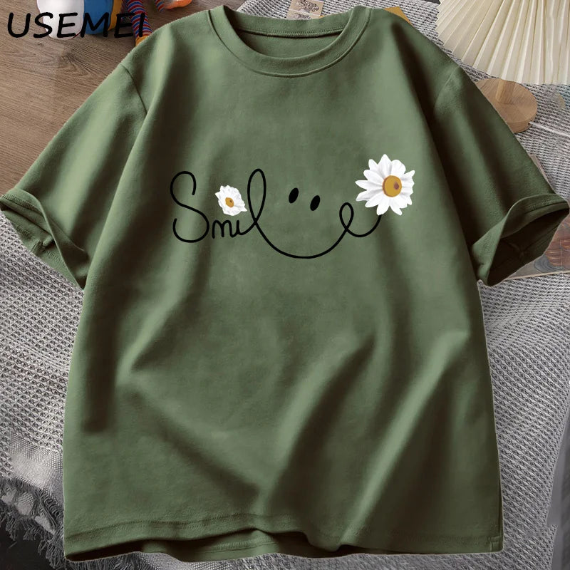 RELBO™| Smile Face T Shirt Summer Flower Printed T-shirt Women Men Cotton Short Sleeve Tshirt Oversized Fashion Man Clothes