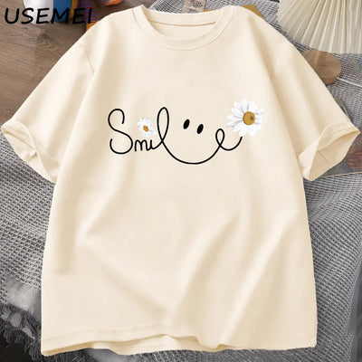 RELBO™| Smile Face T Shirt Summer Flower Printed T-shirt Women Men Cotton Short Sleeve Tshirt Oversized Fashion Man Clothes