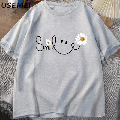 RELBO™| Smile Face T Shirt Summer Flower Printed T-shirt Women Men Cotton Short Sleeve Tshirt Oversized Fashion Man Clothes