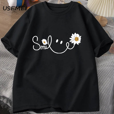 RELBO™| Smile Face T Shirt Summer Flower Printed T-shirt Women Men Cotton Short Sleeve Tshirt Oversized Fashion Man Clothes