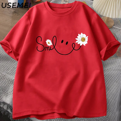 RELBO™| Smile Face T Shirt Summer Flower Printed T-shirt Women Men Cotton Short Sleeve Tshirt Oversized Fashion Man Clothes