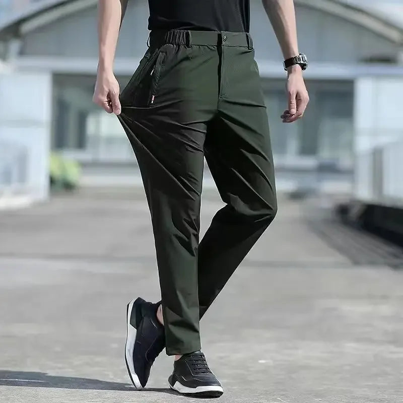 RELBO™| Large Size Men's Summer Pants Big Size Ice Silk Stretch Breathable Straight Leg Pants 6XL Quick Dry Elastic Band Black Trousers