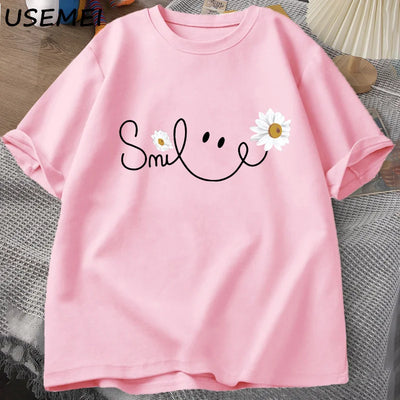 RELBO™| Smile Face T Shirt Summer Flower Printed T-shirt Women Men Cotton Short Sleeve Tshirt Oversized Fashion Man Clothes