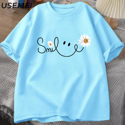 RELBO™| Smile Face T Shirt Summer Flower Printed T-shirt Women Men Cotton Short Sleeve Tshirt Oversized Fashion Man Clothes