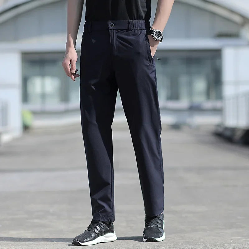 RELBO™| Large Size Men's Summer Pants Big Size Ice Silk Stretch Breathable Straight Leg Pants 6XL Quick Dry Elastic Band Black Trousers