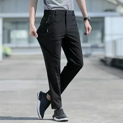 RELBO™| Large Size Men's Summer Pants Big Size Ice Silk Stretch Breathable Straight Leg Pants 6XL Quick Dry Elastic Band Black Trousers